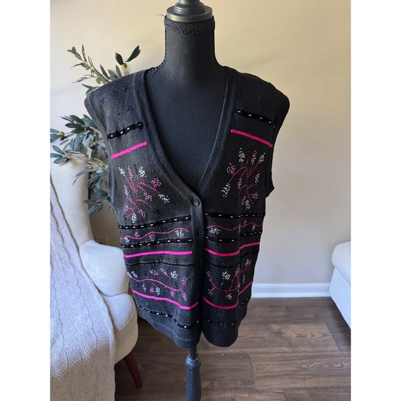 Lucia Sweaters - Lucia Vintage Black Knit Sweater Vest Floral Beaded Button Front Ramie Cotton M